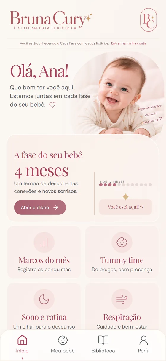 Tela inicial do Cada Fase: Olá, Ana! A fase do seu bebê: 4 meses